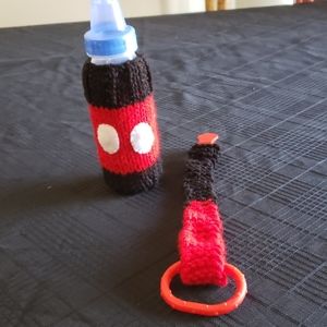 Knit Baby Bottle Cozy and Pacifier/Teether Holder.